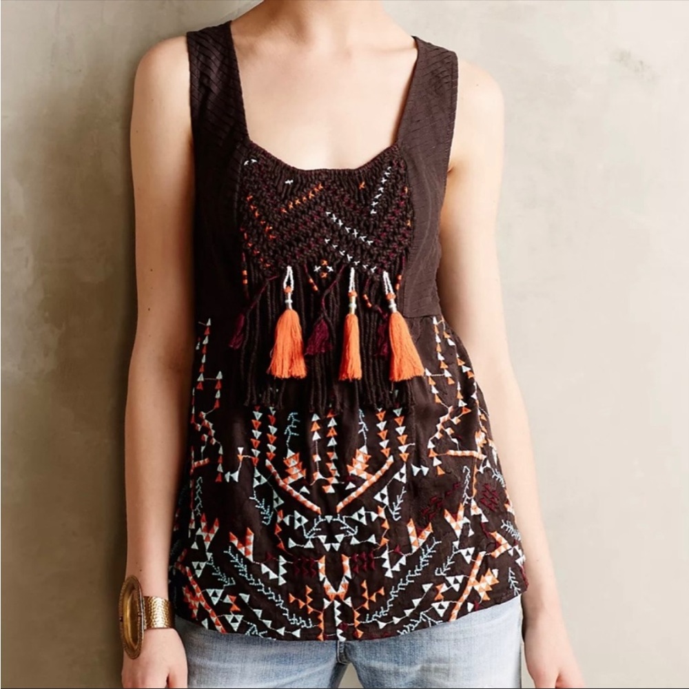 {Anthro} Akemi + Kin Rigmarole Tassel Embroidered Tank Size M